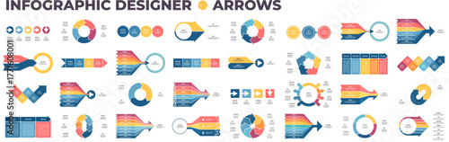 Pie chart collection. Arrows charts for infographics, presentations, business visualization. Vector infographic templates.