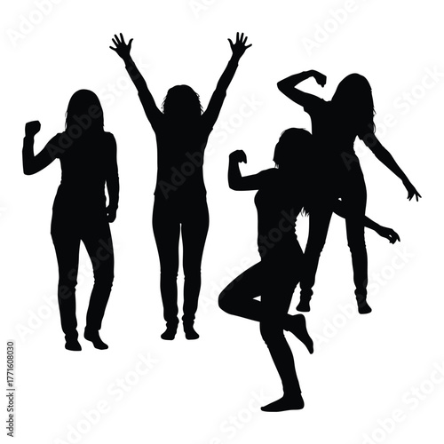 Dynamic silhouette group of women dancing and celebrating energetic movement and joyful expression captured in a black silhouette artistic representation silhouette