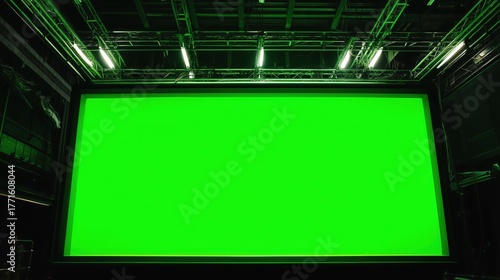 撮影スタジオの暗いセットに設置された、映像合成用の巨大なグリーンスクリーンと照明設備 | Large green screen and professional lighting equipment installed in a dark film production studio set