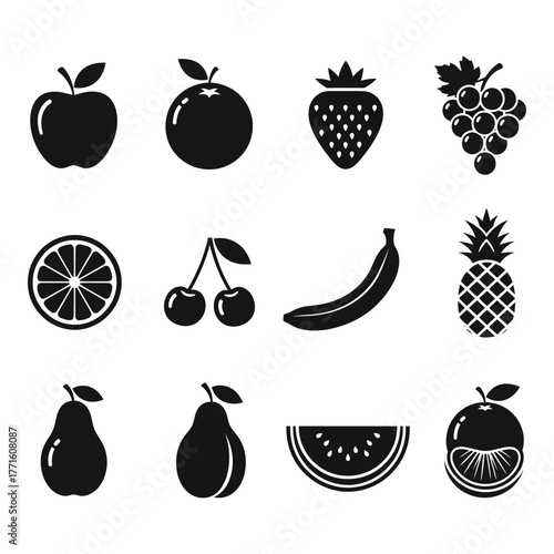 Collection of fresh fruit icons featuring apple orange strawberry grapes banana pineapple pear watermelon and citrus slices for healthy eating and food themes silhouette