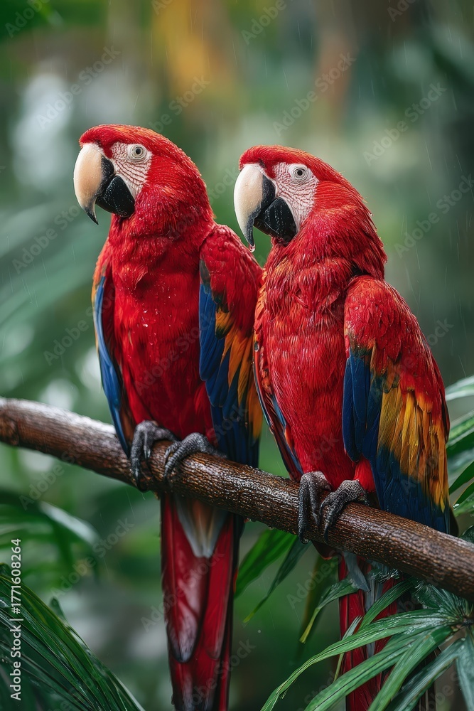 Obraz premium Pair of Scarlet Macaws Glistening with Raindrops Sitting on Branch in Rainforest