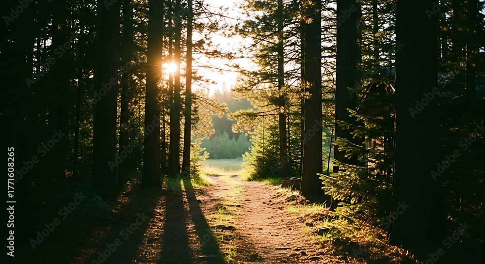 Obraz premium Sunlit Path Through a Dense Forest - A Serene Nature Scene.