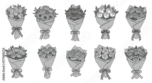 Grayscale vector illustrations of ten different flower bouquets, featuring roses and mixed flowers, beautifully wrapped with ribbons.