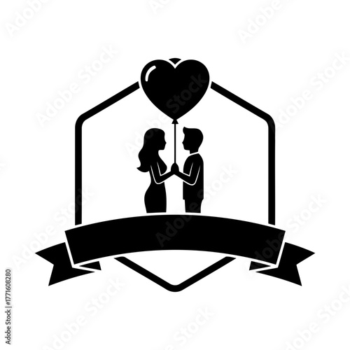 Vector art of silhouette of couple holding heart balloon in frame