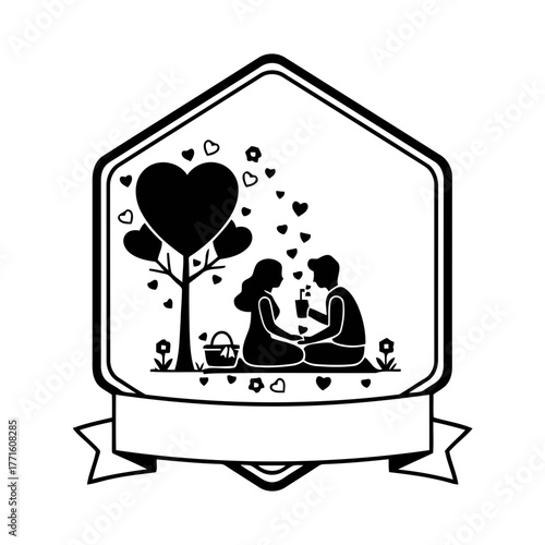 Vector art of couple having picnic under heart tree in frame