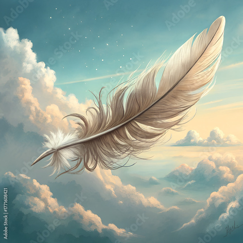 Whimsical feather floating in the sky among fluffy clouds  