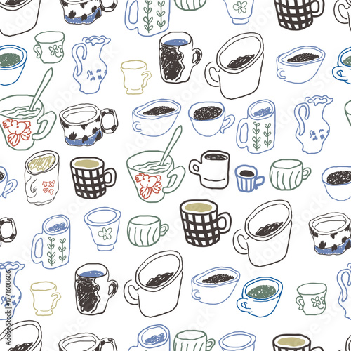Seamless pattern with cups in hand drawn style.Element for decoration design mail posts postcards poster print invitation background backdrop wrapping wallpaper banner textile