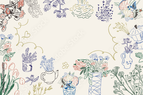 horizontal frame with vintage wildflowers in vases in hand drawn style in vector. Element for design advertisement mail posts poster print postcard banner decor backgrounds