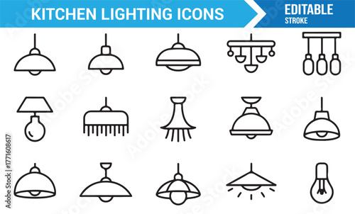 Modern home decor lighting icons — minimalist vector outline lamps and bulbs