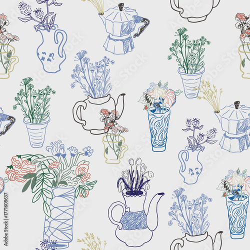 Seamless pattern with flowers in pots in hand drawn style.Element for decoration design mail posts postcards poster print invitation background backdrop wrapping wallpaper banner textile