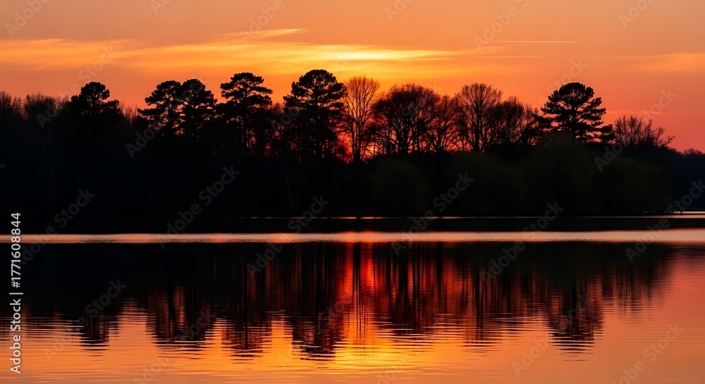 Naklejka premium Sunset over the lake with trees reflecting in the water, orange sky.