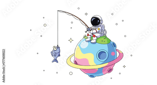 Astronaut sitting on a colorful planet while fishing a cartoon fish with a fishing rod against a white background with gray stars.