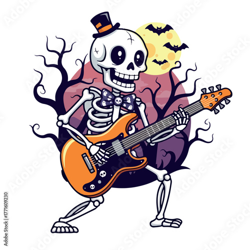 Skeleton playing bass guitar, flat vector, cartoon Halloween style