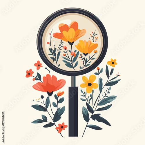 magnifying glass with spring flowers   , vector style simple color
