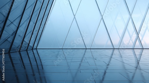 Empty Modern Office Interior with Geometric Glass Walls and Reflective Floor