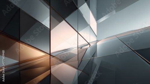 Modern Building Facade with Geometric Glass Panels and Reflective Surfaces