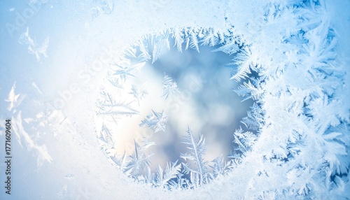 Macro shot natural ice texture on a frozen window, highlighting the crystalline detail and large central blur for a compelling winter abstract concept.