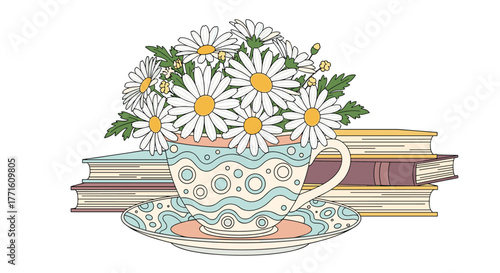 A delightful illustration of a patterned teacup brimming with white daisies, beautifully arranged with a stack of books.