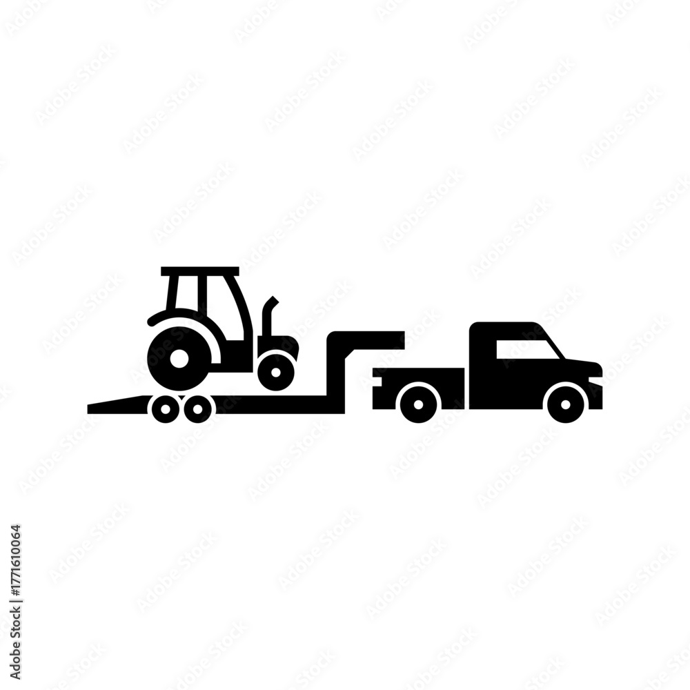 Fototapeta premium truck with gooseneck trailer glyph icon. pick up truck load tractor solid black illustration.