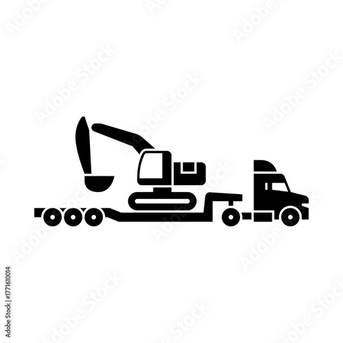 truck with lowboy trailer glyph icon. lowboy trailer load excavator solid black illustration.