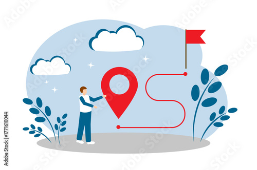 The concept of life path, goal achievement, forward movement, delivery, and destination path. Geolocation, man and flag