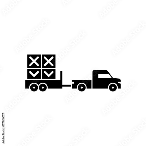 truck with equipment trailer glyph icon. equipment trailer solid black illustration.