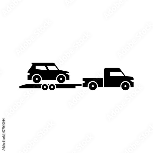 truck with car trailer glyph icon. car trailer solid black illustration.