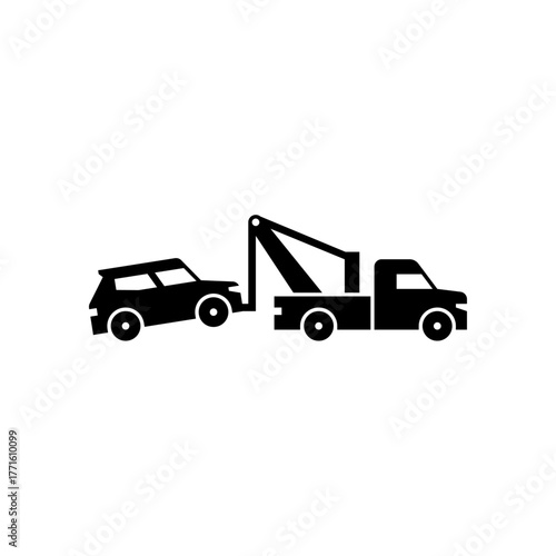 tow truck glyph icon. towing a car solid black illustration.