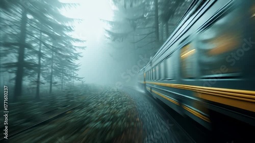 Train speeding through a foggy forest with motion blur effect