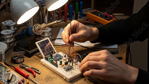 Person assembling an electronic circuit on a breadboard with tools