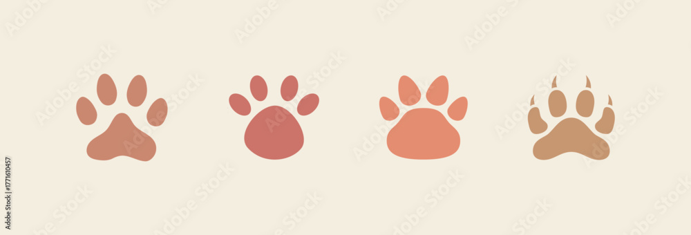 Fototapeta premium Paw print of a dog or cat. Set of different Animal footprint. Footprint pet. Paw print of dog, cat, tiger paws, Bobcat, kitten leg, cute canine, puppy pet footprint. Puppy track. Vector Illustration.