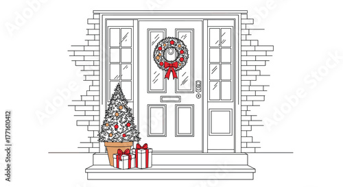 A welcoming front door is festively decorated for Christmas with a wreath, a potted tree, and wrapped gifts on the doorstep in a line art style.