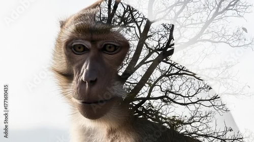 Intriguing double exposure blends a curious monkey's face with a stark, bare tree, hinting at nature's interconnectedness and wild spirit in a captivating visual narrative