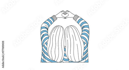 Minimalist illustration of two people with long hair, seen from the back, making a heart shape with their hands, symbolizing friendship and love.