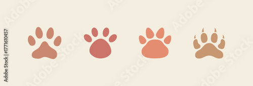 Paw print of a dog or cat. Set of different Animal footprint. Footprint pet. Paw print of dog, cat, tiger paws, Bobcat, kitten leg, cute canine, puppy pet footprint. Puppy track. Vector Illustration.