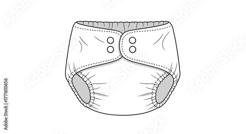 A clean line art illustration depicting a modern reusable cloth baby diaper with snap closures for infants, presented on a white background.