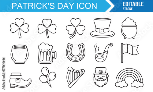 Hand-drawn vector icon collection for St. Patrick’s Day festival and party graphics