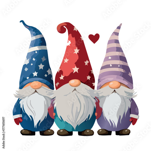 Three cute gnomes wearing red, blue, and purple hats, all large and occupying most of the frame, watercolor painting with clean light background