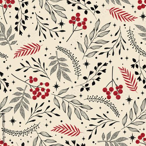 Merry Christmas and Happy New Year seamless pattern with leaves and berries for greeting cards, wrapping papers. Seamless winter pattern. Vector vintage illustration.