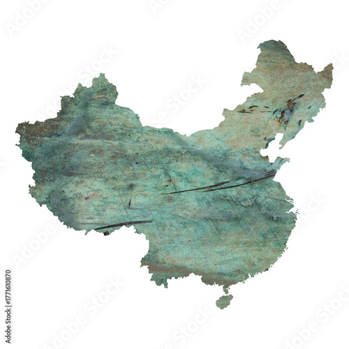 map of China on grunge green colored old metal surface