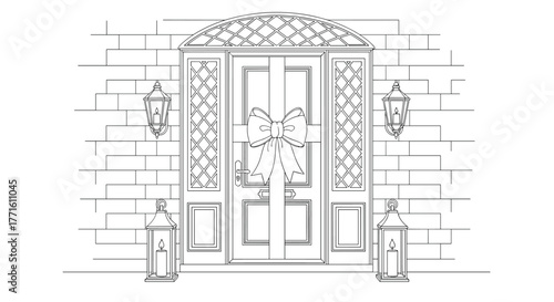 A detailed line art drawing of a festive front door adorned with a large bow, flanked by elegant lanterns, against a brick wall, ready for coloring.