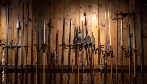 Display of various medieval weaponry, including swords, spears, and polearms, mounted on a wooden wall in a dimly lit space