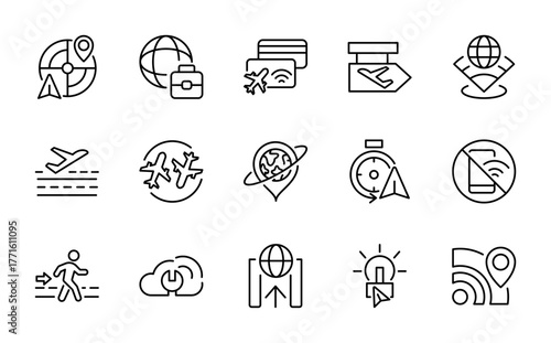 Travel and Aviation linear icon set. Airplane, airport, ticket, passport, visa, customs, wifi, border, flight route outline icons