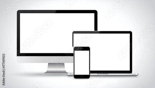 Displays a desktop computer, laptop, and smartphone against a light gray background, all with blank white screens