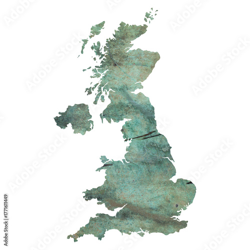 map of UK on grunge green colored old metal surface