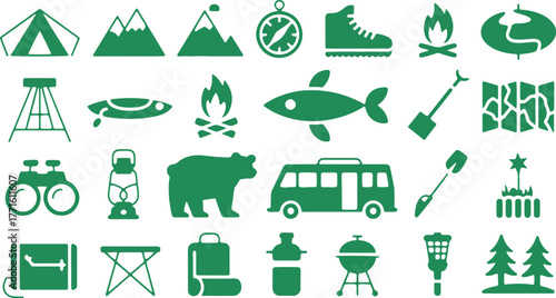 Camping and Outdoor Adventure Silhouette Icon Set – Tent, Backpack, Campfire, Compass, Kayak, Hiking, Travel, Eco-Tourism, Wilderness Exploration, Vector Icons