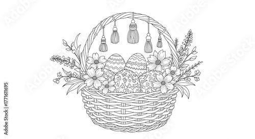 An intricate line art drawing of an Easter basket overflowing with beautifully decorated eggs and delicate spring flowers, adorned with charming tassels.