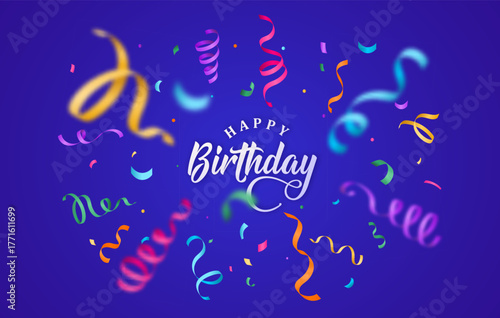 Birthday vector background with colorful confetti and serpentine ribbons isolated on dark backdrop at the center. Greeting text sign. Festive illustration in flat modern simple style.