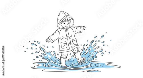 A cheerful child wearing a raincoat and rubber boots gleefully splashes in a puddle, creating a joyful spray of water.