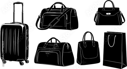 Travel bags. Handle travel luggage bag, suitcase and fashion ladies handbags, tourism shopping bag. Luggage handbags vector illustration set. Travel bag and luggage, adventure baggage and briefcase